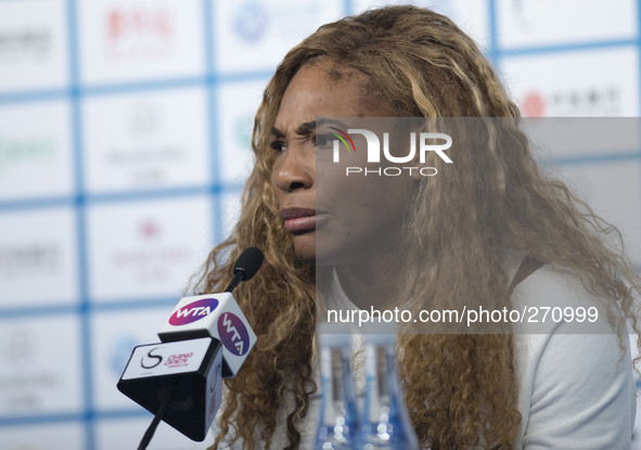 (141003) -- BEIJING, Oct. 3, 2014 () -- Serena Williams of the United States reacts during the press conference at the China Open tennis tou...