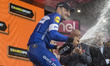 Blue jersey celebrates on the podium  Winner stage 17  Elia Viviani Quick-Step Floorsdurin...