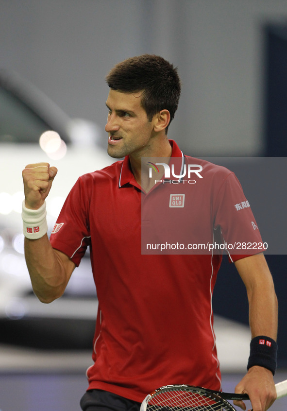 (141009) -- SHANGHAI, Oct. 9, 2014 () -- Serbia's Novak Djokovic celebrates during the men's singles third round match against Kazakhstan's...