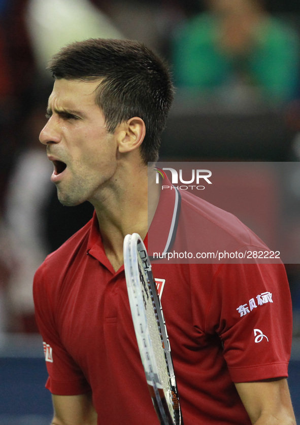 (141009) -- SHANGHAI, Oct. 9, 2014 () -- Serbia's Novak Djokovic reacts during the men's singles third round match against Kazakhstan's Mikh...