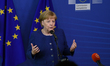 The German Chancellor Angela Merkel at the doorstep talking to the press after an informal...