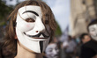 Man in Anonymous mask during protest against ACTA 2.0 in Warsaw in Warsaw on June 29, 2018...
