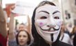 Man in Anonymous mask during protest against ACTA 2.0 in Warsaw in Warsaw on June 29, 2018...