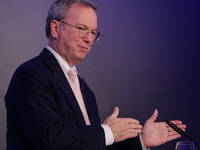 Google Chairman Eric Schmidt attend a 'Wirtschaft fuer Morgen - Economy for Tomorrow' Panel discussion on October 14, 2014 in Berlin, German...