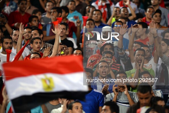Egyptian fans cheer for their national team during a nations group G qualifying soccer match between Egypt and Botswana of the African Cup a...