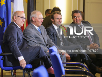 German Finance Minister Wolfgang Schauble, German Vice Chancellor and Economy Minister Sigmar Gabriel, French Finance Minister Michael Sapin...