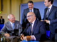 German Finance Minister Wolfgang Schauble, German Vice Chancellor and Economy Minister Sigmar Gabriel, French Finance Minister Michael Sapin...