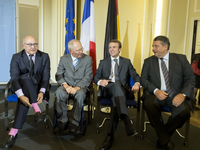 French Minister of Finance Sapin, French minister of economics Macron, German Minister of economics Gabriel and German and German Minister o...