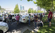 Taxi drivers block the Castellana avenue amid a strike in Madrid on July 30, 2018. - Taxi...