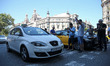 Taxi drivers block the street in Barcelona on July 30, 2018. - Taxi drivers across Spain j...
