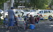 taxis block an avenue amid a strike by cabbies in Madrid on July 31, 2018. - Taxi drivers...