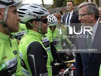 Polish President Bronislaw Komorowski pictured during his visit as he meets many cyclists, at the Benedictine Abbey in Tyniec. Vistula Boule...