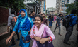 Bangladeshi students crying in fear during a student protest in Dhaka on August 05, 2018 f...
