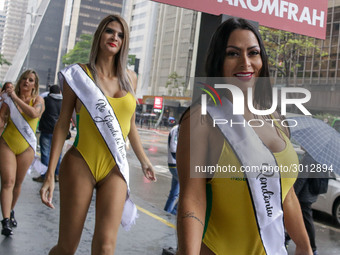 Models wearing bikinis perform at Paulista Avenue in Sao Paulo, Brazil on August 6, 2018, to promote the Miss Bumbum (derriere) Brazil 2018... by Dario Oliveira/NurPhoto