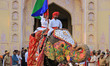 The traditional Procession winds its way through the roads of Jaipur at Tripolia Gate on t...