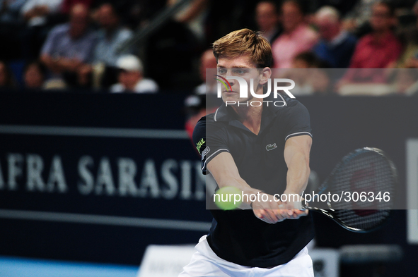 David Goffin (BEL) returns the ball with a backhand during the semi final of the Swiss Indoors at St. Jakobshalle in Basel, Switzerland on O...