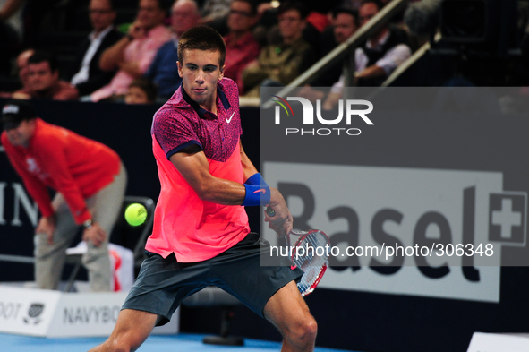 Borna Coric (CRO) during the semi final of the Swiss Indoors  at St. Jakobshalle in Basel, Switzerland on October 25, 2014. 