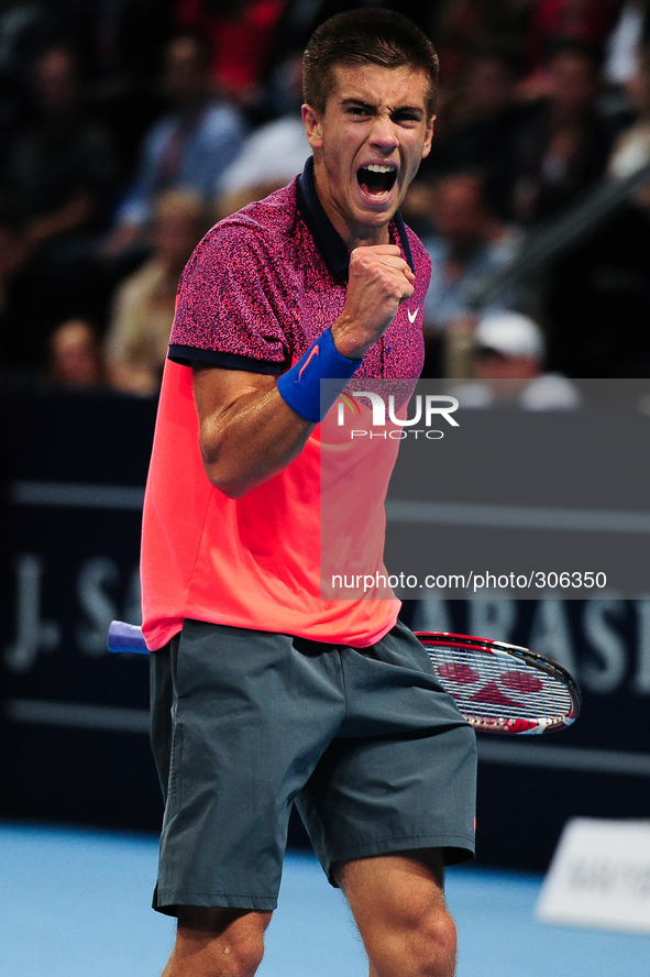 Borna Coric (CRO) cheers during the semi final of the Swiss Indoors  at St. Jakobshalle in Basel, Switzerland on October 25, 2014. 