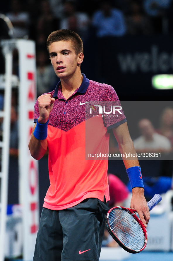 Borna Coric (CRO) raises fist during the semi final of the Swiss Indoors  at St. Jakobshalle in Basel, Switzerland on October 25, 2014. 