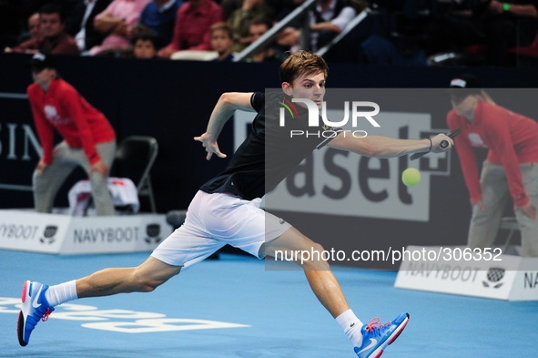 David Goffin (BEL) reaches for the ball during the semi final of the Swiss Indoors  at St. Jakobshalle in Basel, Switzerland on October 25,...