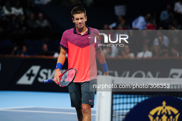 Borna Coric (CRO) disappointed during the semi final of the Swiss Indoors  at St. Jakobshalle in Basel, Switzerland on October 25, 2014. 