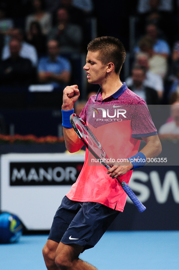 Borna Coric (CRO) cheers during the semi final of the Swiss Indoors  at St. Jakobshalle in Basel, Switzerland on October 25, 2014. 