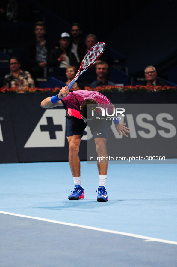 Borna Coric (CRO) angry during the semi final of the Swiss Indoors  at St. Jakobshalle in Basel, Switzerland on October 25, 2014. 