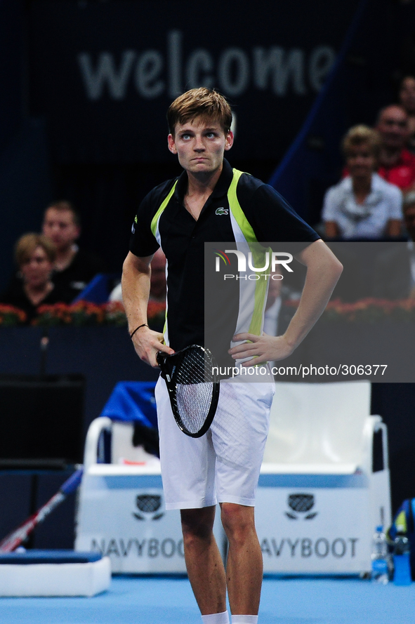 David Goffin (BEL) disappointed during the semi final of the Swiss Indoors at St. Jakobshalle in Basel, Switzerland on October 25, 2014. 