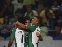 Sporting´s defender Paulo Oliveira (C) celebrates with team mates after scoring a goal during the Portuguese League football match between S...
