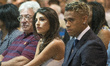 Mariano Diaz's girlfriend Yaiza Moreno (C) and Mariano Diaz Mejia attends to his presentat...