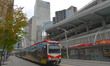 The Calgary Light Rail commuter train pass by Calgary downtown.After the city of Graz in...