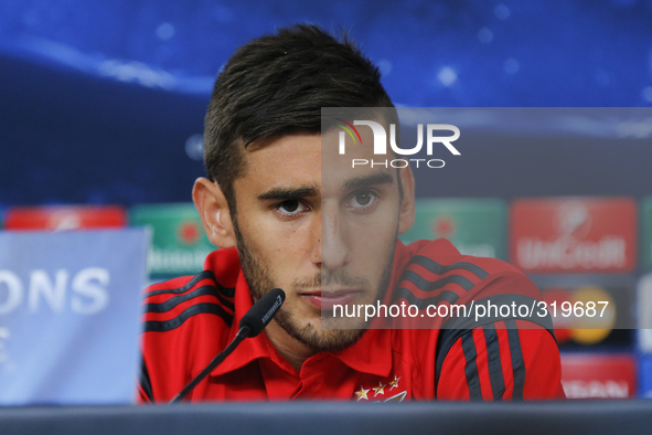 Benfica’s player Eduardo Salvio gives a press conference on the eve of the Champions League football match opposing SL Benfica to AS Monaco...