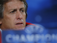 Benfica’s Portuguese coach Jorge Jesus gives a press conference on the eve of the Champions League football match opposing SL Benfica to AS...