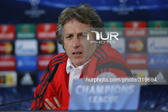Benfica’s Portuguese coach Jorge Jesus gives a press conference on the eve of the Champions League football match opposing SL Benfica to AS...