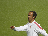 Monaco's player Ricardo Carvalho warms up during a training session on the eve of the Champions League football match opposing SL Benfica to...
