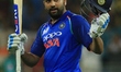 Indian cricket captain Rohit Sharma celebrates after scoring 100 runs during the Asia Cup...