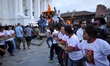 Female devotees pulling the chariot of Living Goddess of Nepal 'Kumari' on the last day of...