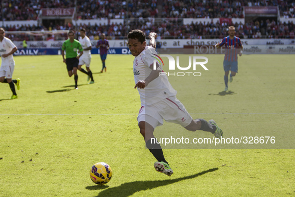 Bacca, player of Sevilla F.C., shoots during the match of La Liga (BBVA) between Sevilla FC and Levante UD at the Ramon Sanchez Pizjuan Stad...