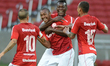 Fabricio score the first goal in the inaugural match at Beira Rio stadium in Porto Alegre...
