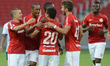 Fabricio score the first goal in the inaugural match at Beira Rio stadium in Porto Alegre...