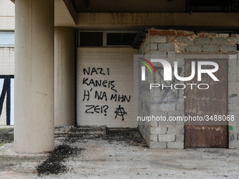 Antifascistic graffiti at the campus of Psachna University of applied science on Euboea, Greece, on 28 November 2018. (