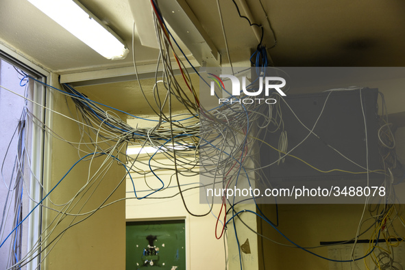 A mess of cables in the stairways at the campus of Psachna University of applied science on Euboea, Greece, on 28 November 2018. 