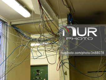A mess of cables in the stairways at the campus of Psachna University of applied science on Euboea, Greece, on 28 November 2018. (