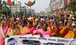Supporters of ruling party Bangladesh Awami League take part in an election campaign rally...