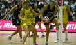 L-R Stephanie Wood of Australia Diamonds and Jane Watson of New Zealand Silver FernsDuri...