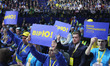 Participants hold banners and flags in support of Yulia Tymoshenko, the Ukrainian politici...