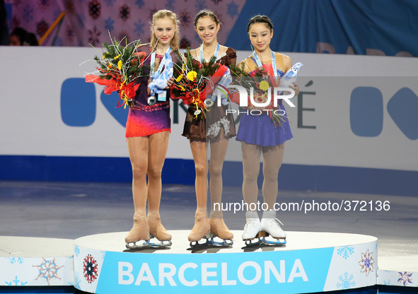 12 december-BARCELONA SPAIN: Evgenia Medvededa, Serafima Sakhanovich abd Wakaba Higuchi junior ladies winners ISU Grand Prix in Barcelona, h...