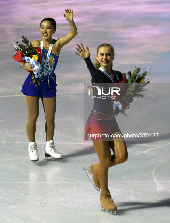 12 december-BARCELONA SPAIN: Evgenia Medvededa and Wakaba Higuchi junior ladies winners ISU Grand Prix in Barcelona, held at the Forum in Ba...