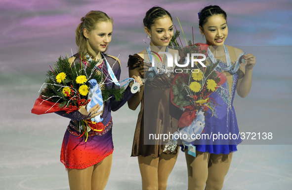 12 december-BARCELONA SPAIN: Evgenia Medvededa, Serafima Sakhanovich abd Wakaba Higuchi junior ladies winners ISU Grand Prix in Barcelona, h...