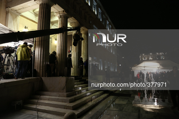Tv crews outside the entrance of the Greek parliament during the first ballot for the Presidential election in Athens on Wednesday December...